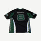 Supreme Martine Rose black football jersey back, large green ROSE 8 nameplate on mesh paneled jersey.