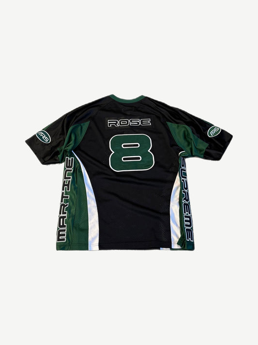 Supreme Martine Rose black football jersey back, large green ROSE 8 nameplate on mesh paneled jersey.