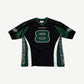 Supreme x Martine Rose black football jersey with green number 8, V-neck mesh and chest logo embroidery.