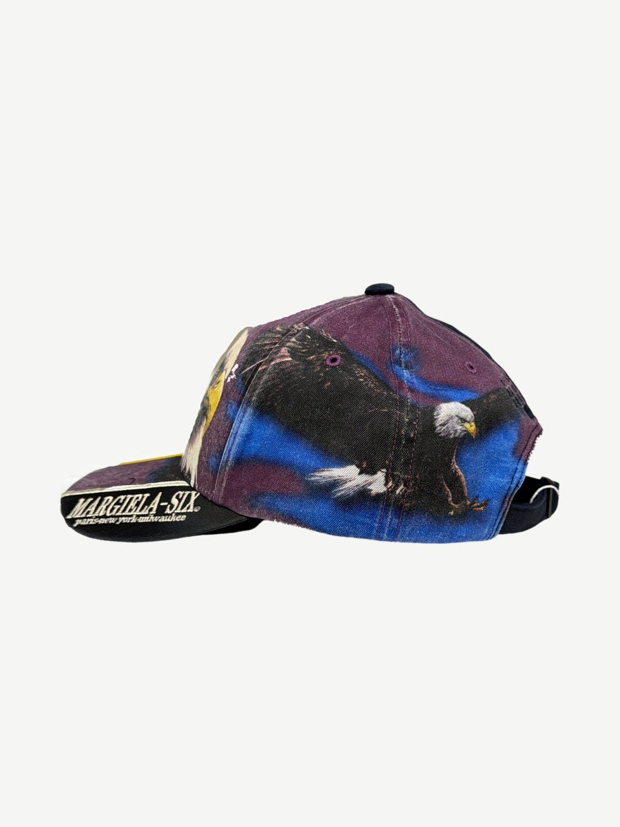 Supreme MM6 Maison Margiela split 6-panel cap opposite side with purple eagle print and Margiela Six brim text