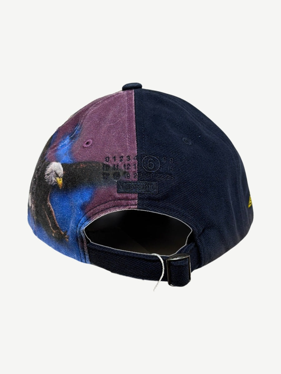 Supreme MM6 Maison Margiela split 6-panel cap back with eagle print, purple panel and number stitch tag