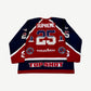 Back of Supreme rhinestone hockey jersey with crystal SUPREME nameplate, number 25 and Top Shot hem text