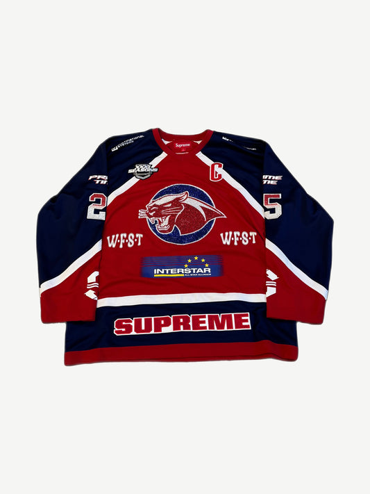 Supreme red and navy rhinestone hockey jersey with panther crest, WFST patches and team sponsor graphics