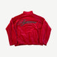 Supreme red velour and mesh track jacket front with black piping and small script Supreme chest embroidery
