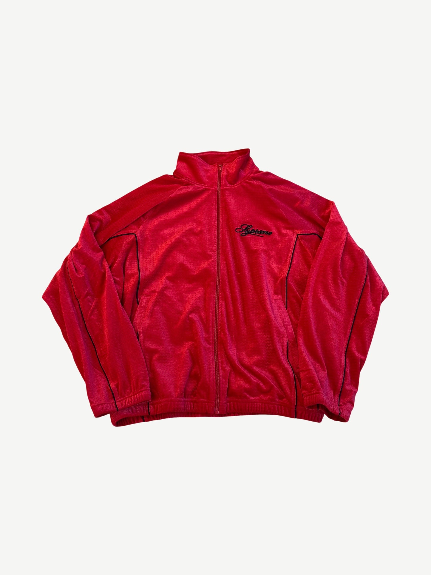 Supreme red velour and mesh track jacket back with large black-outlined Supreme script across the shoulders