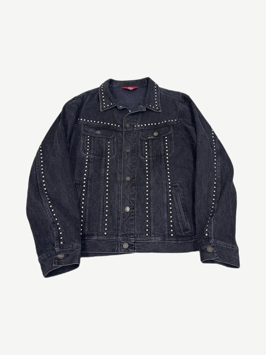 Supreme studded denim trucker jacket, indigo wash with silver pyramid stud detailing across chest and pockets.