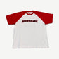 Supreme white raglan tee with red sleeves and gothic Supreme logo in rhinestone studded applique