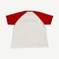 Supreme white rhinestone raglan tee back view with red contrast short sleeves on white body
