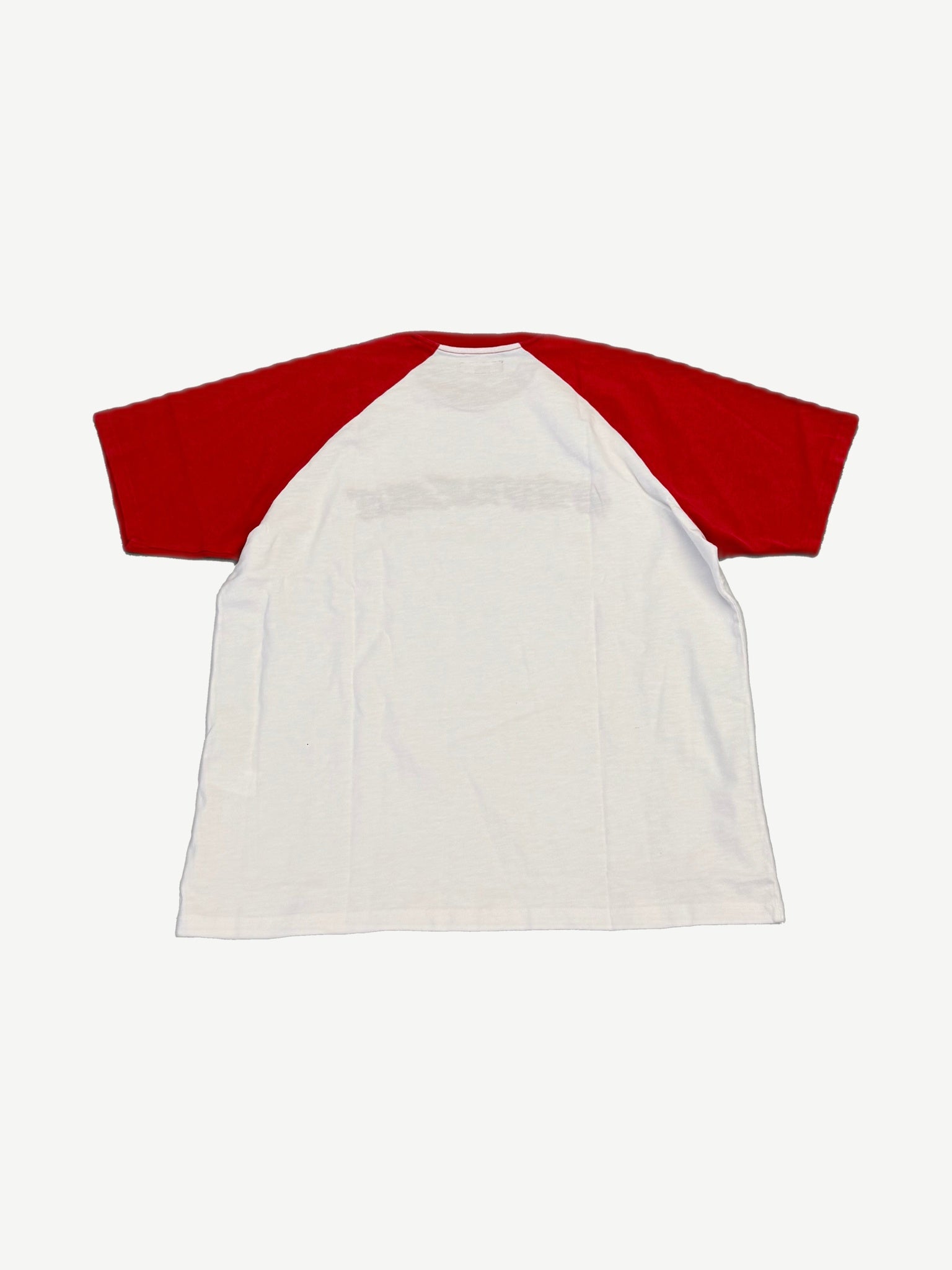 Supreme white rhinestone raglan tee back view with red contrast short sleeves on white body