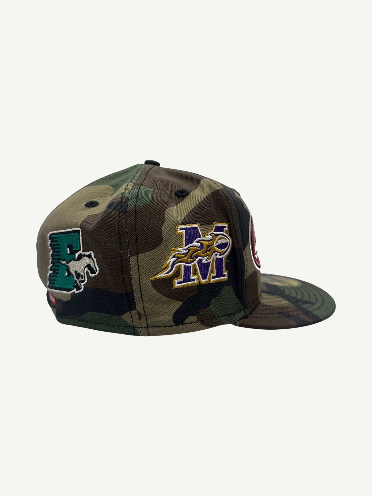 Supreme woodland camo fitted cap opposite side with green P pony and purple M flame mascot embroidery