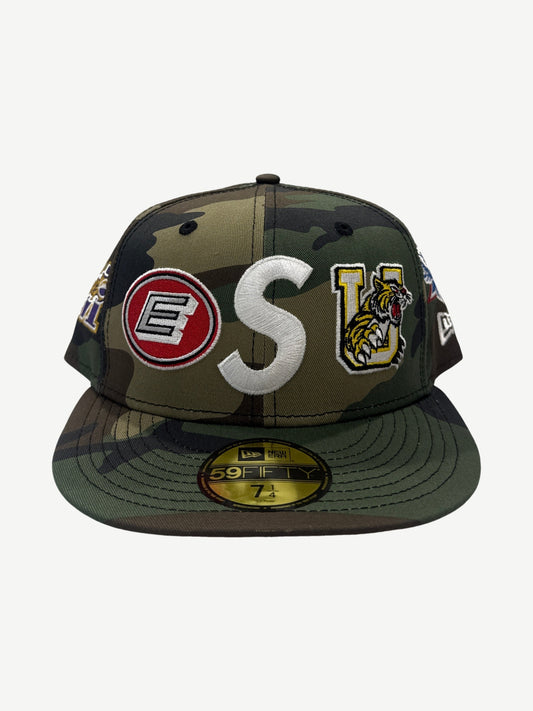 Supreme woodland camo New Era 59Fifty fitted cap with embroidered S logo and college mascot patches