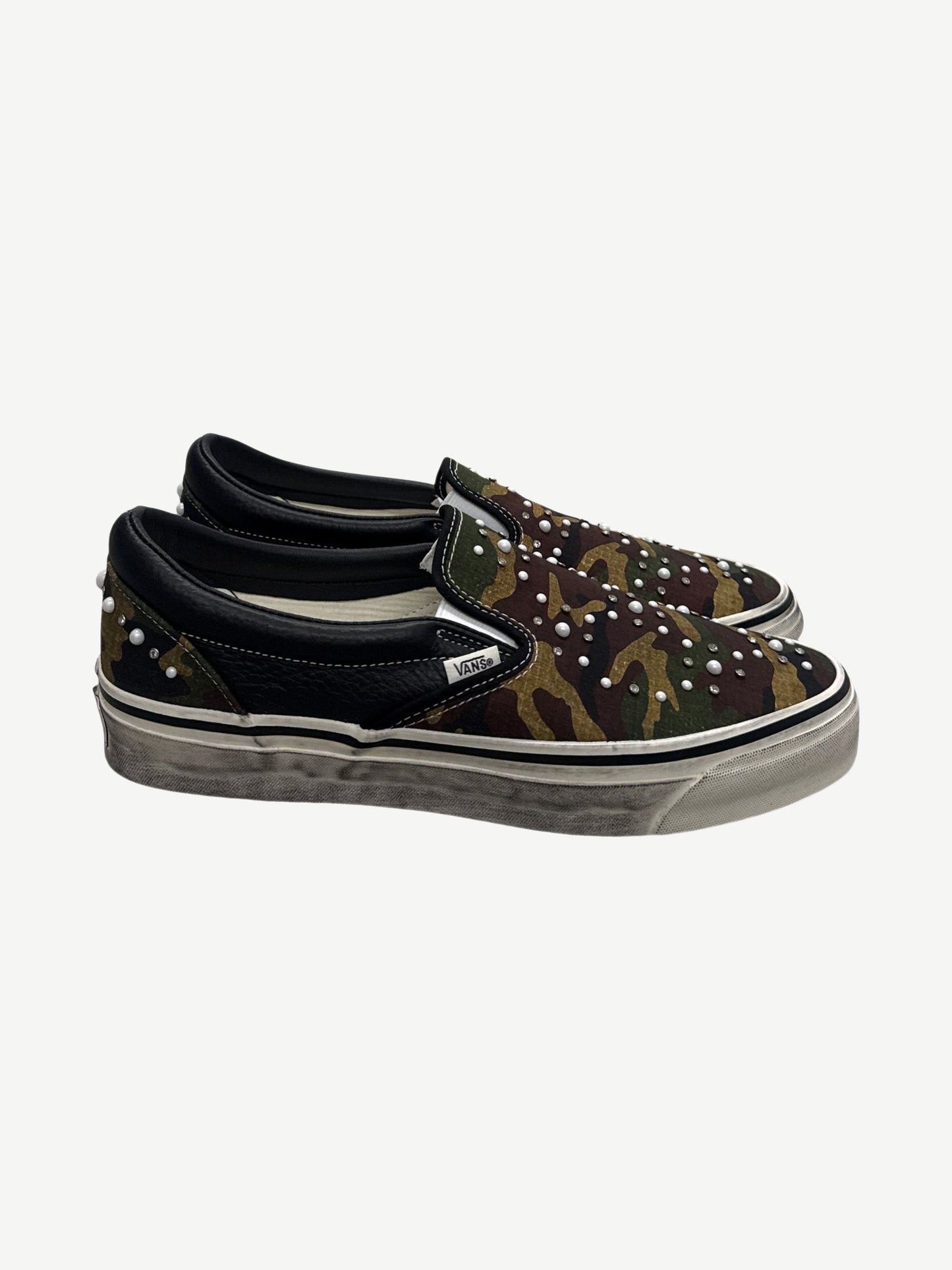 Vans LX Slip-On 98 Camo Pearlized side view with iridescent pearlized camo canvas and white waffle outsole