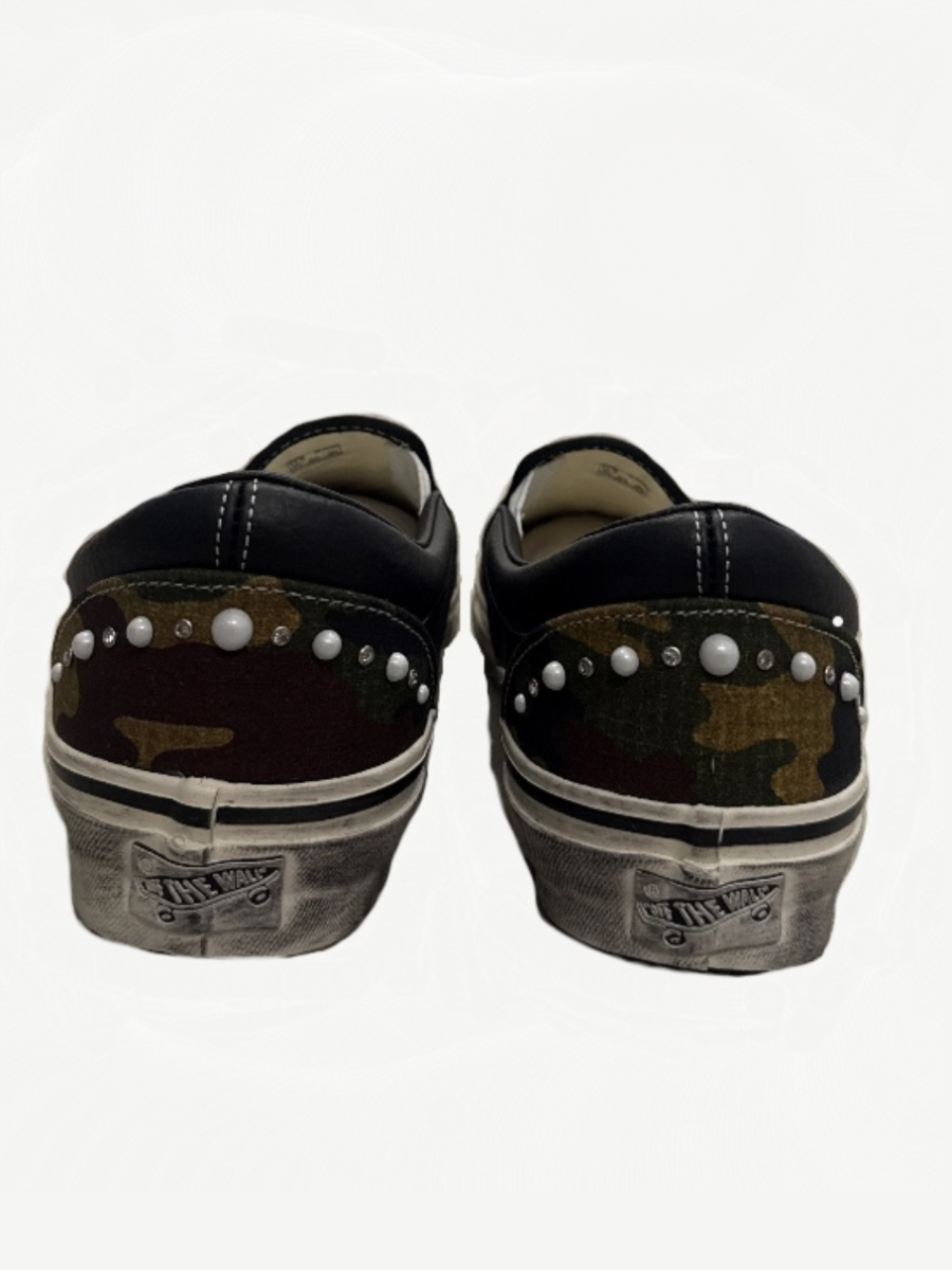 Vans LX Classic Slip-On 98 Camo Pearlized studio view with metallic pearlized camo print and white sidewall