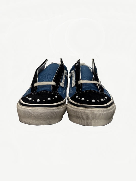 Vans Old Skool LX 36 pearlized pack side view, black suede toe with navy leather panel and white sidewall.