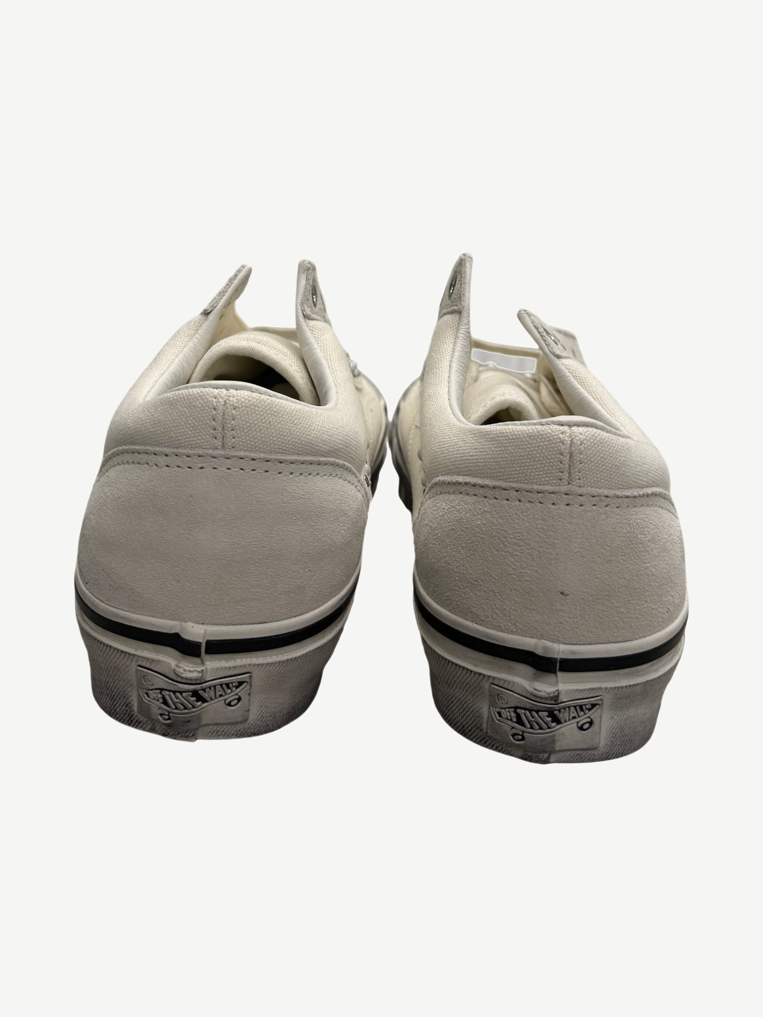 Vans OTW Old Skool 36 Marshmallow heel view with Off The Wall branding on cream studded heel counters