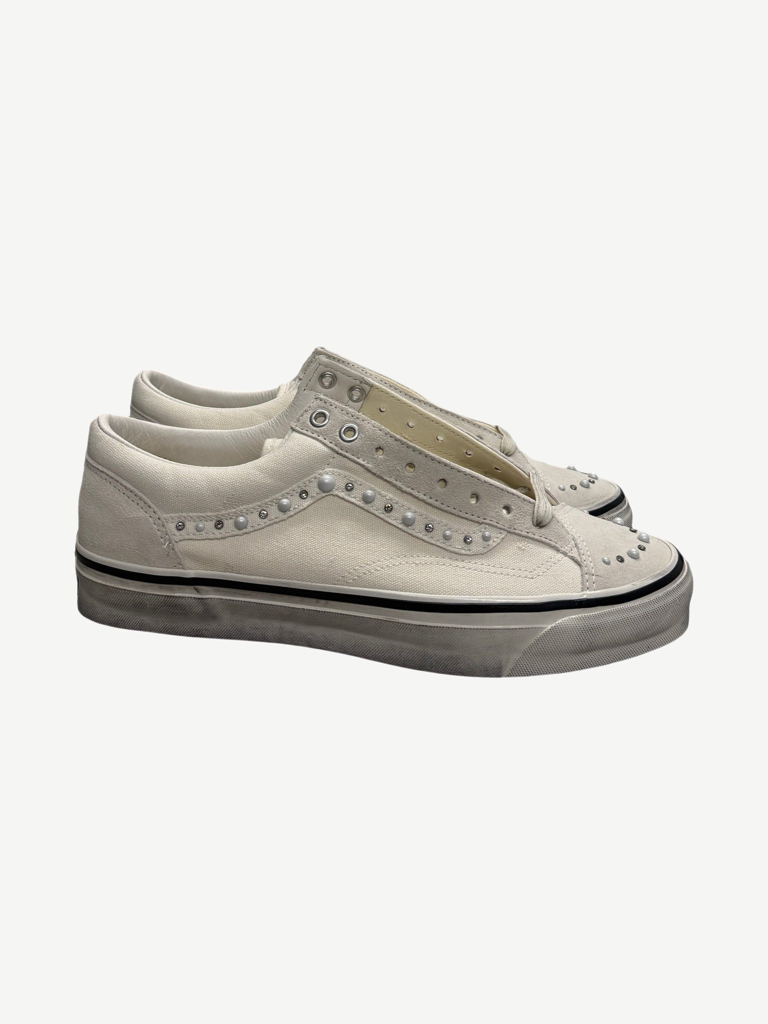 Vans OTW Old Skool 36 Marshmallow side profile in cream canvas with pearl pyramid studs and gum waffle sole