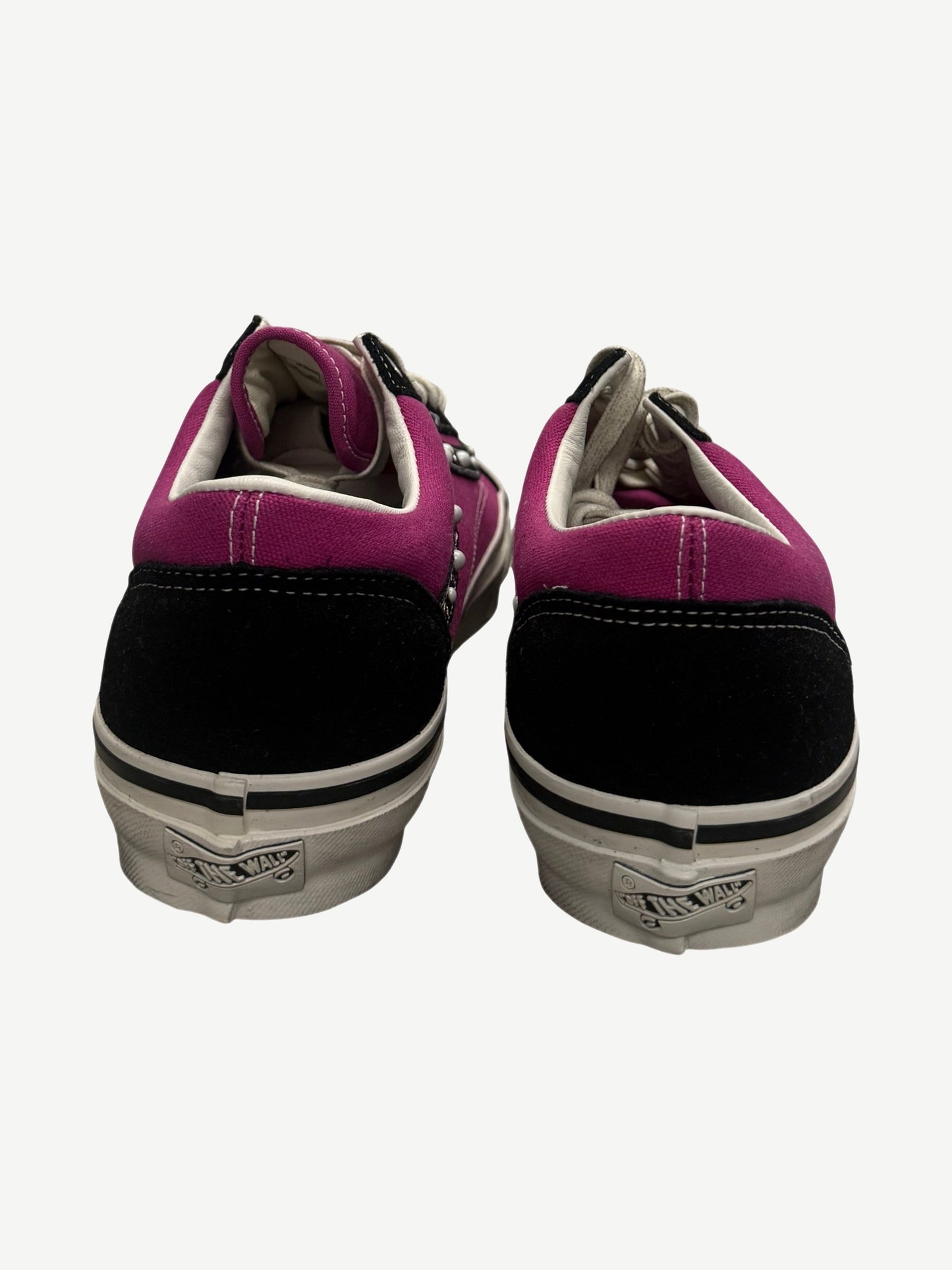 Vans Old Skool 36 Pearlized Pack rear view with pink canvas heels and black suede toe caps