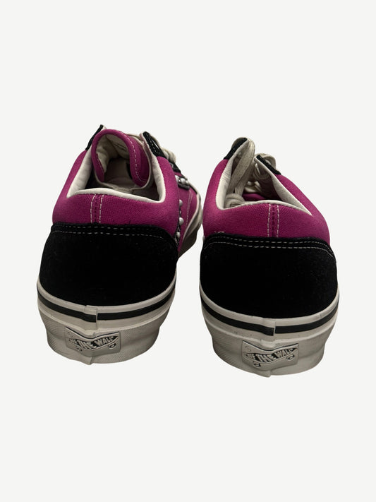 Vans Old Skool 36 Pearlized Pack rear view with pink canvas heels and black suede toe caps