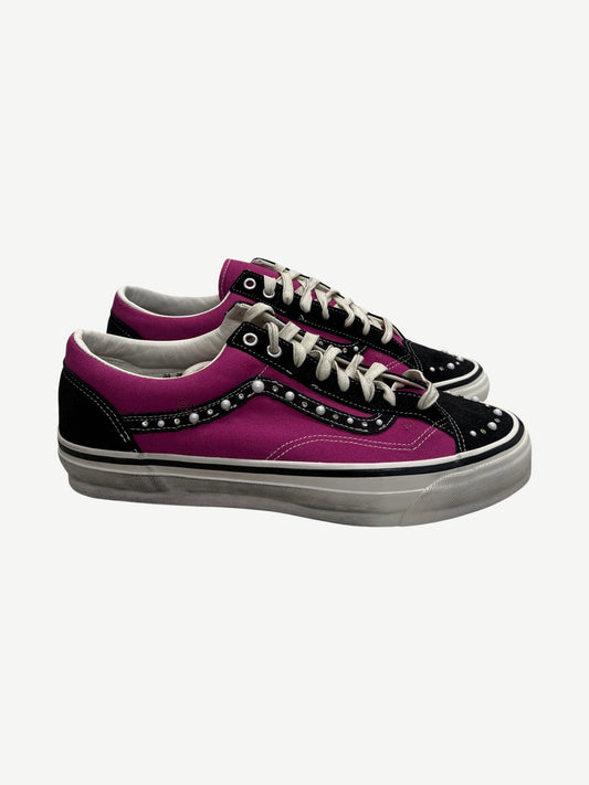 Vans OTW Old Skool 36 pink and black sneakers side view with pearl studs along sidewalls and white laces