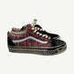 Vans Premium Old Skool sneaker with red tweed upper, paint-splattered black toe and silver lace charms