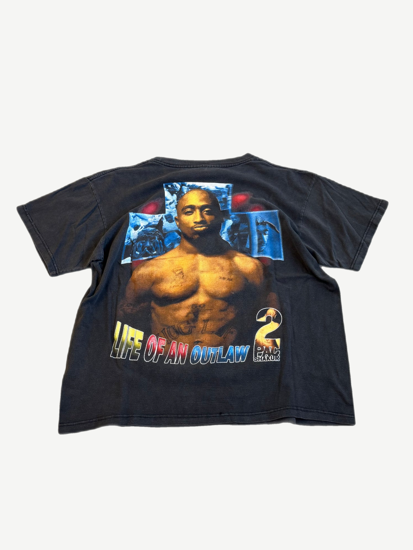 Vintage 1996 Tupac Makaveli rap tee back view, Life of An Outlaw album text and graphic art