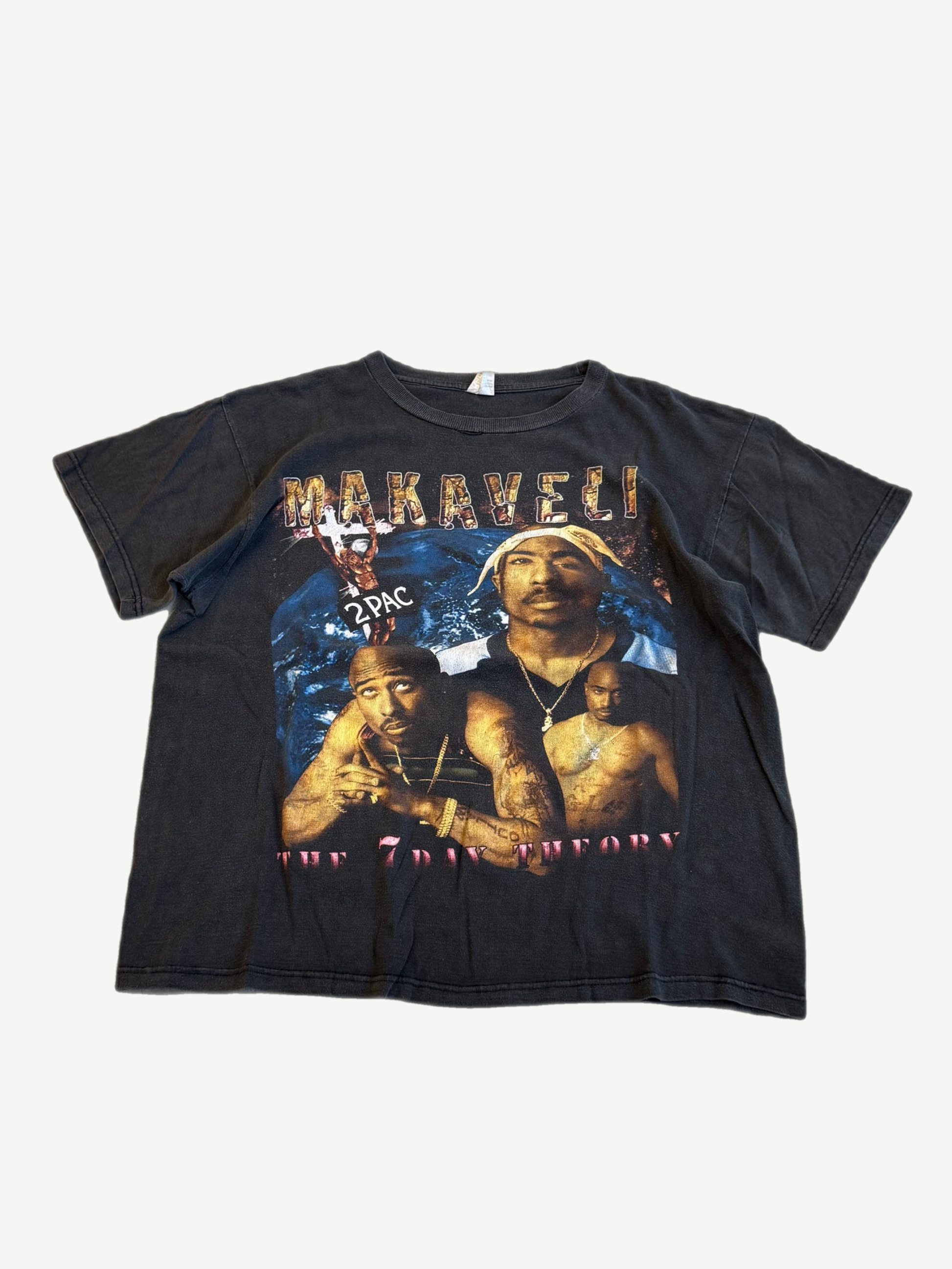 Vintage 1996 Tupac Makaveli Life of An Outlaw rap tee front, photo portrait print on black cotton