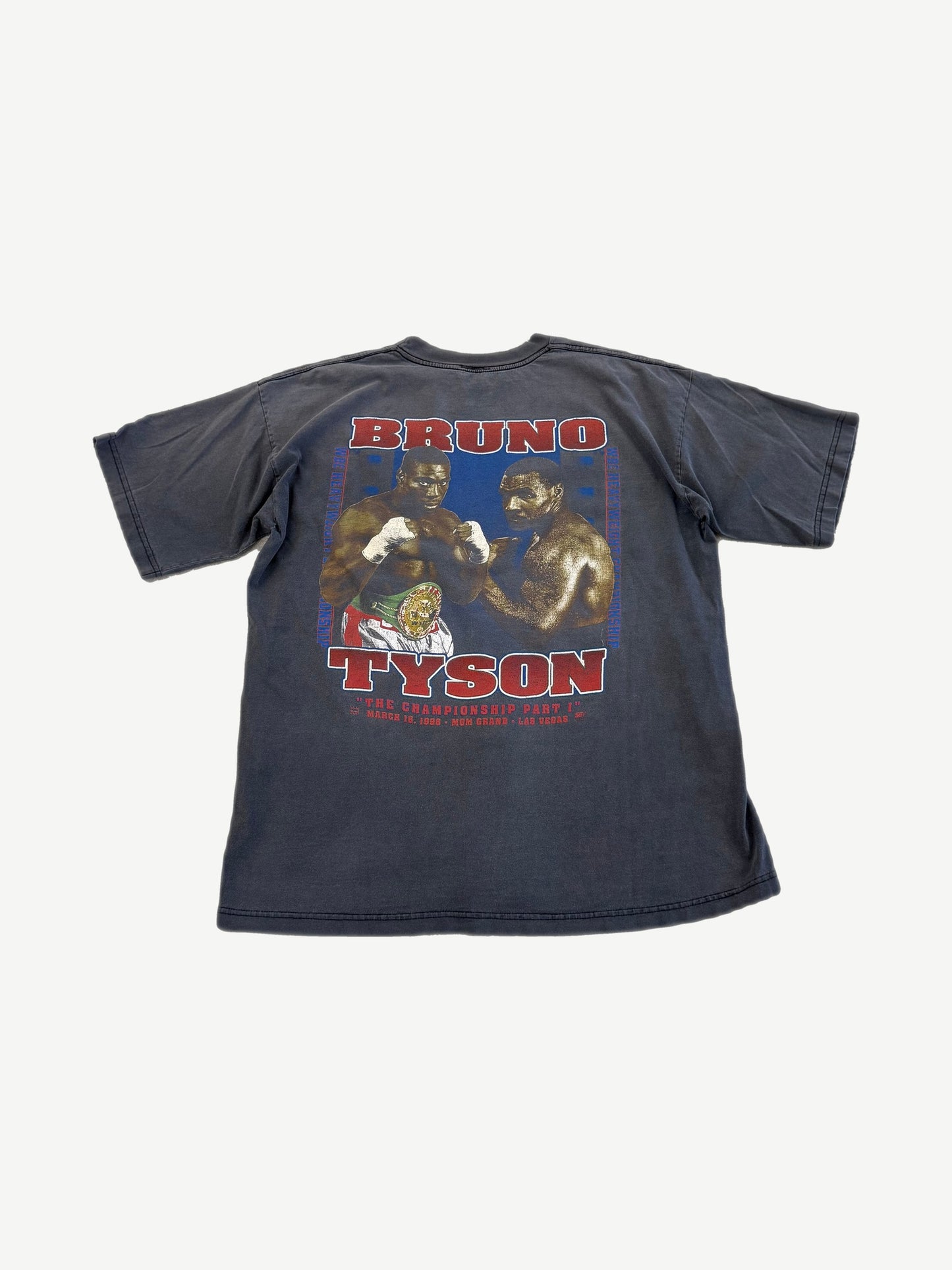 Back of vintage 1996 Tyson vs Bruno tee with MGM Grand Las Vegas fight portrait graphic in color
