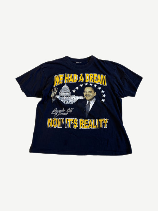 Vintage 2008 Barack Obama navy tee with yellow We Had A Dream Now It's Reality Capitol graphic print.