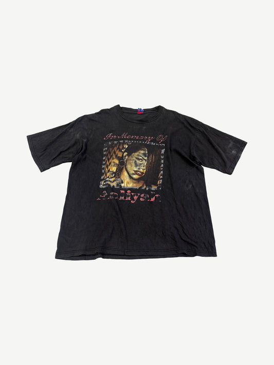 Vintage Aaliyah memorial black tee front with In Memory Of portrait photo print and red script lettering