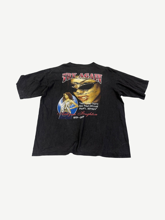 Vintage Aaliyah memorial black tee back with Try Again graphic, sunglasses portrait and 1979-2001 dates