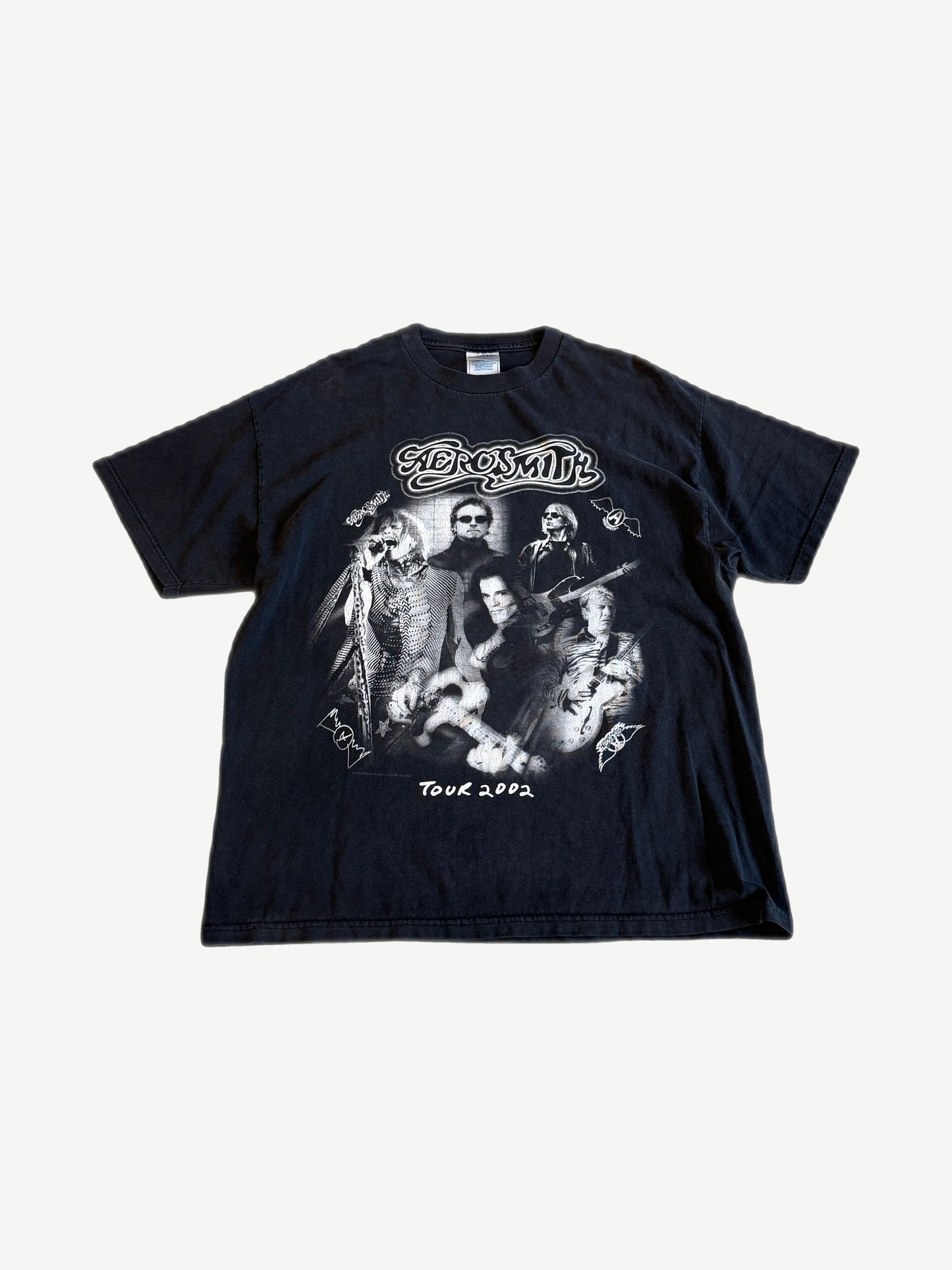 Vintage Aerosmith Tour 2002 black tee front with band member photo collage and white script logo
