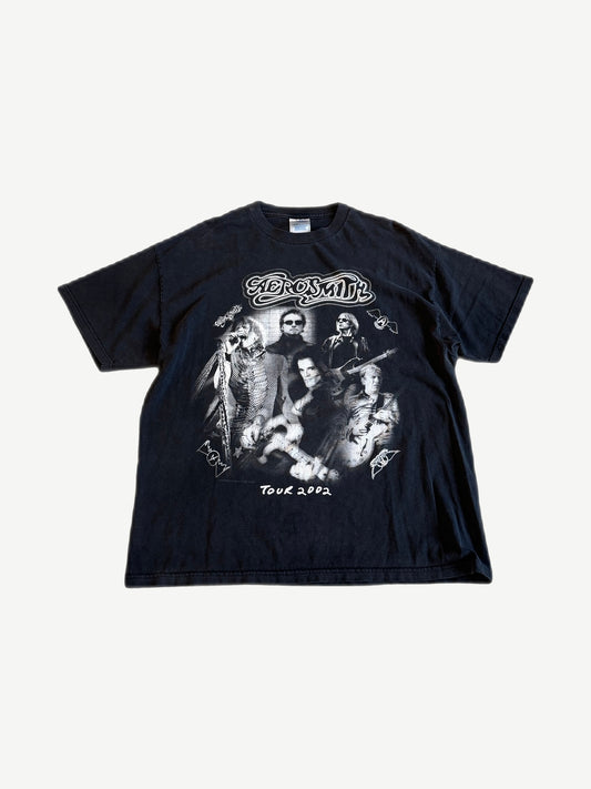 Vintage Aerosmith Tour 2002 black tee front with band member photo collage and white script logo