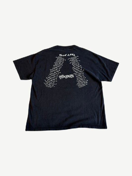 Vintage Aerosmith 2002 tour tee back with handwritten tour cities list and large wings logo print