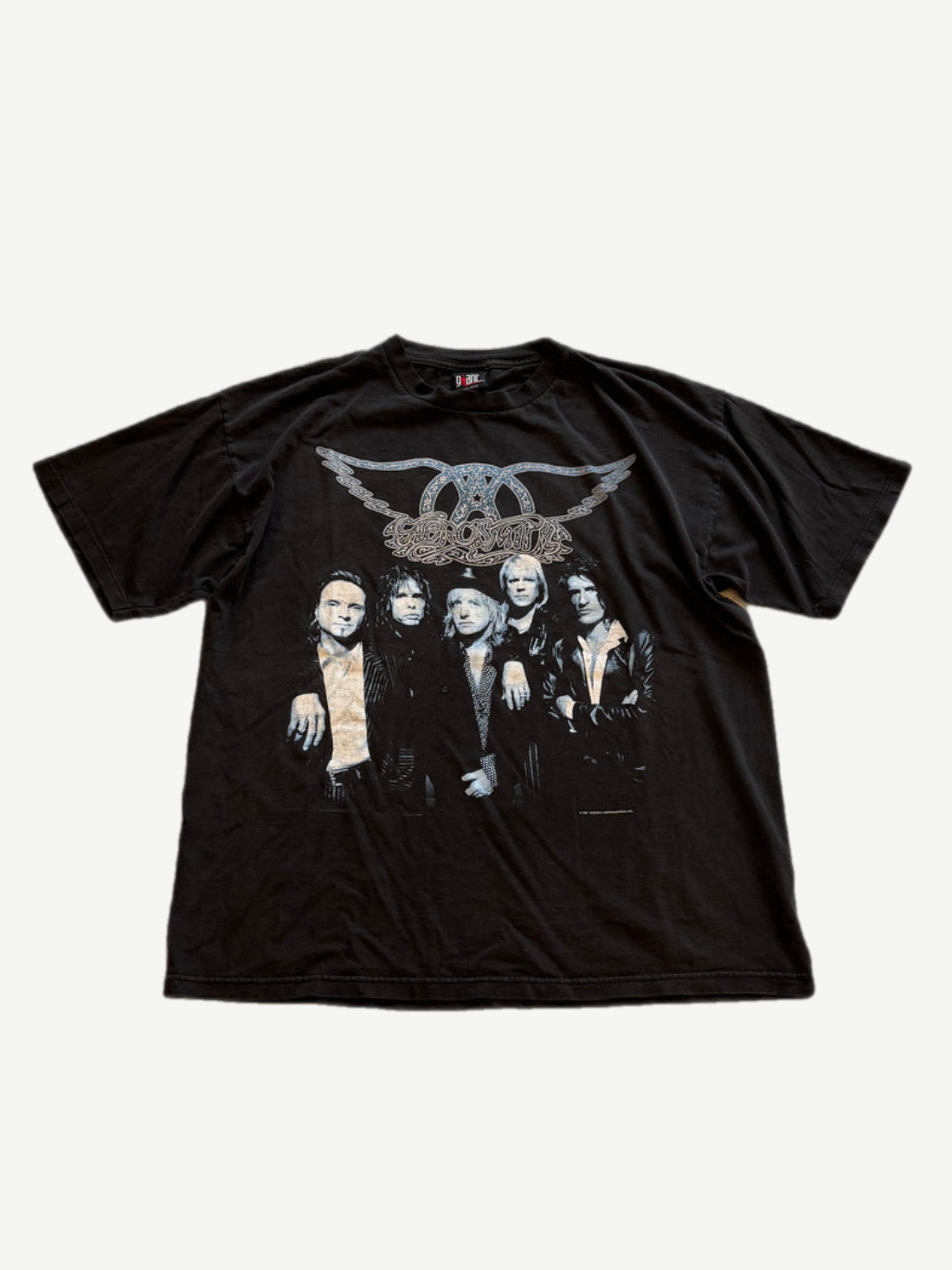 Vintage Aerosmith black tee front with band member photo and winged logo crown Nine Lives tour graphic