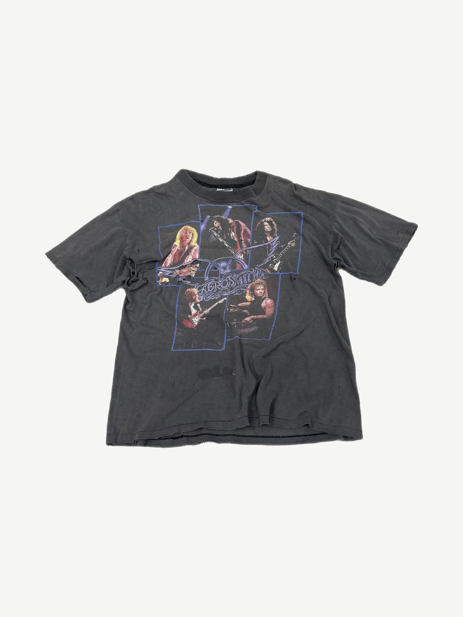 Vintage Aerosmith Pump Tour faded black tee with five-panel band photo collage and winged logo, distressed cotton