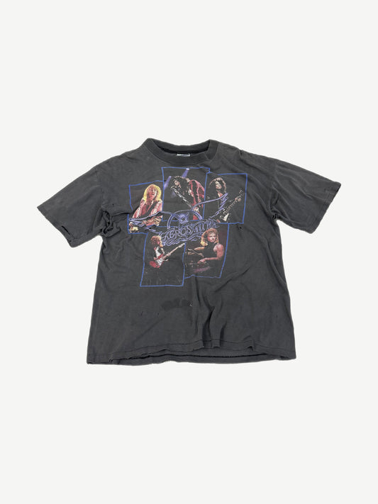 Vintage Aerosmith Pump Tour faded black tee with five-panel band photo collage and winged logo, distressed cotton