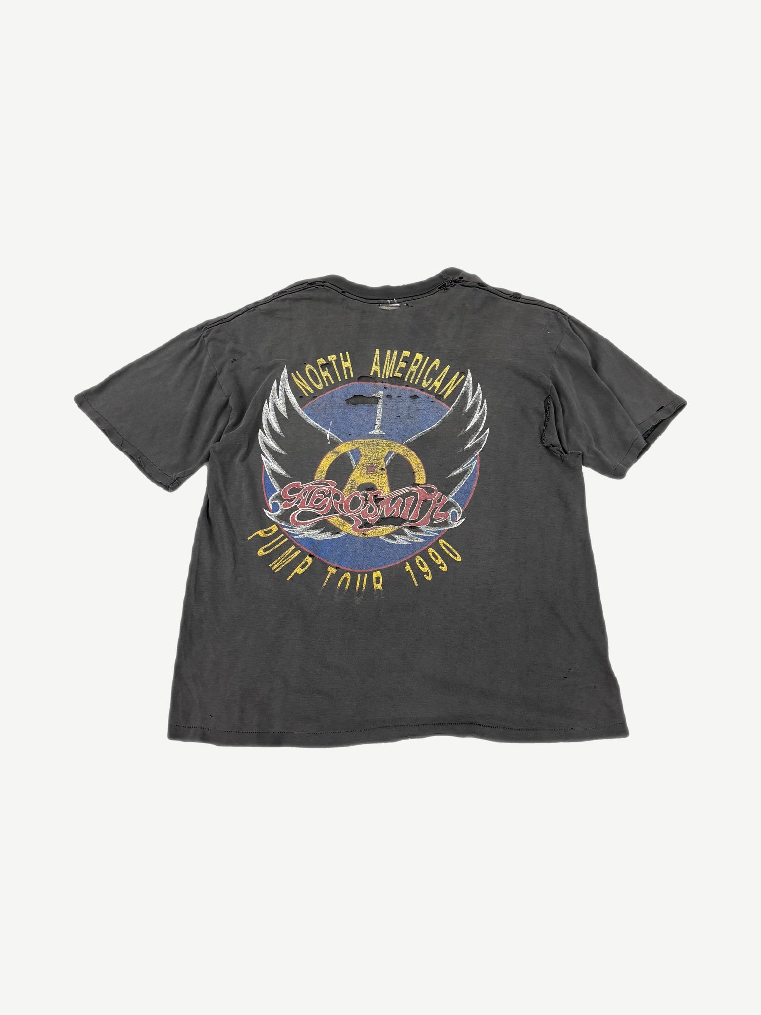 Vintage Aerosmith Pump 1990 North American Tour tee back graphic with large winged circular tour logo