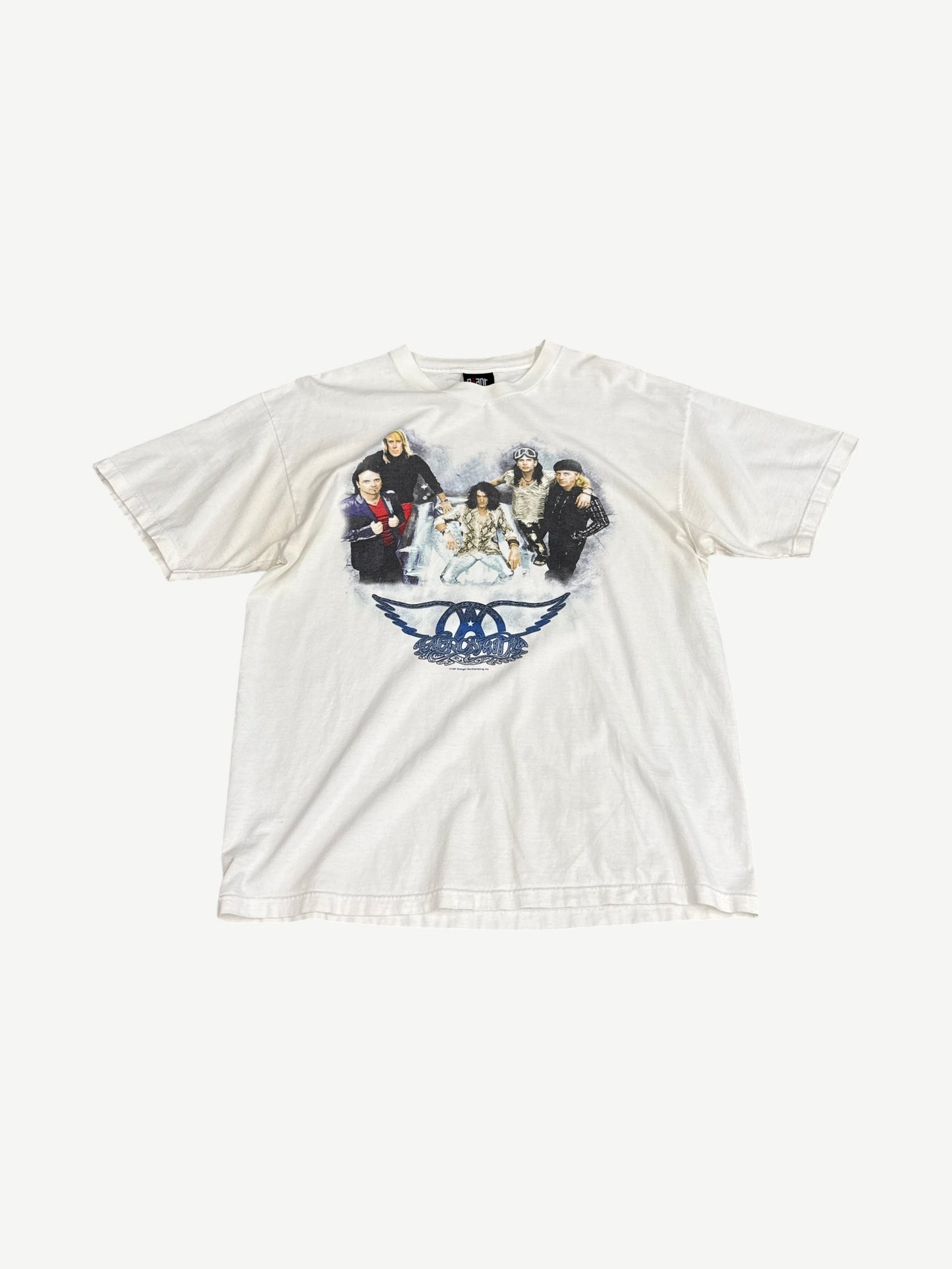 Vintage Aerosmith Nine Lives Tour white tee with band photo print and winged logo across chest, front view