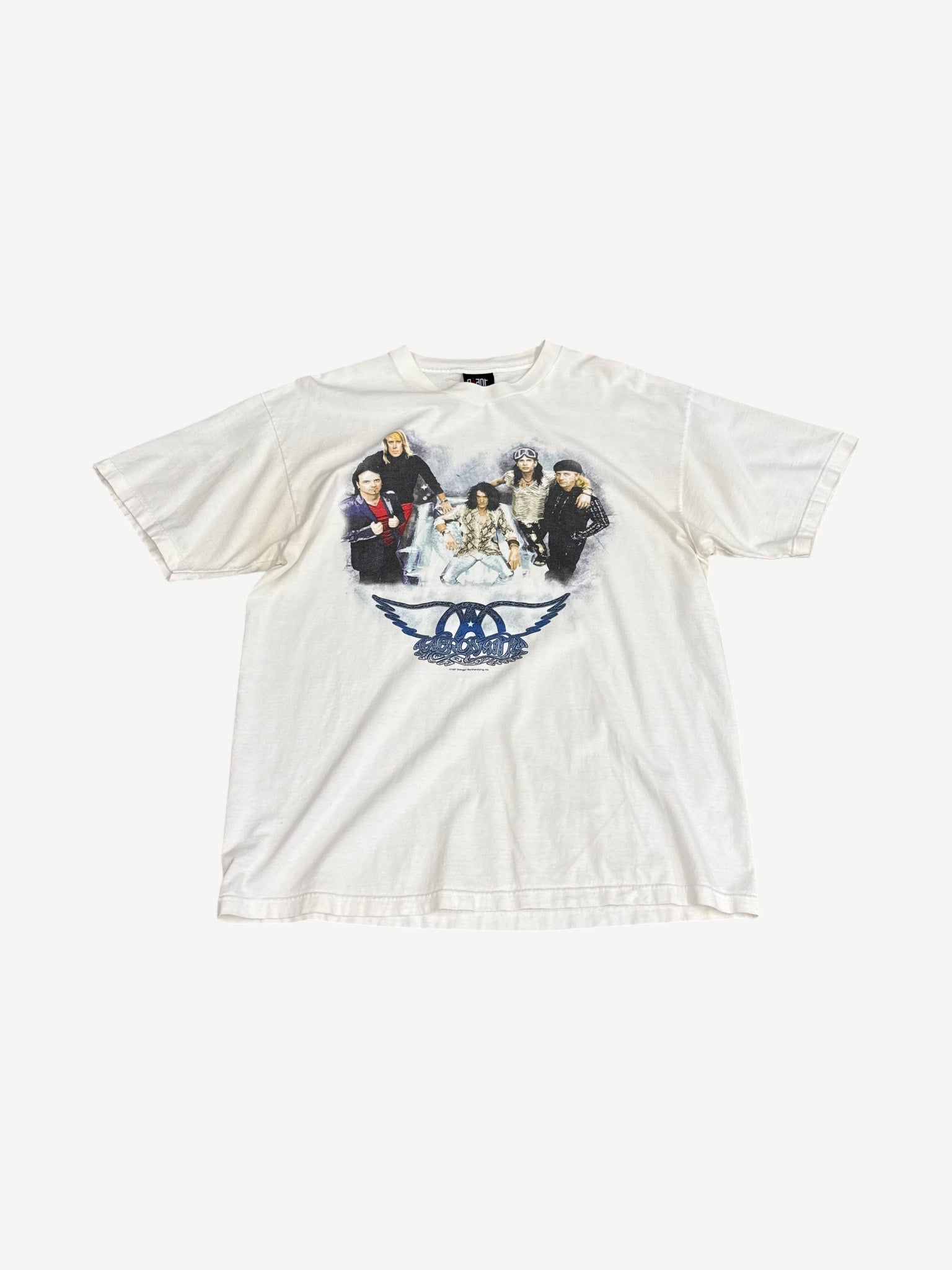 Vintage Aerosmith Nine Lives Tour white tee with band photo print and winged logo across chest, front view