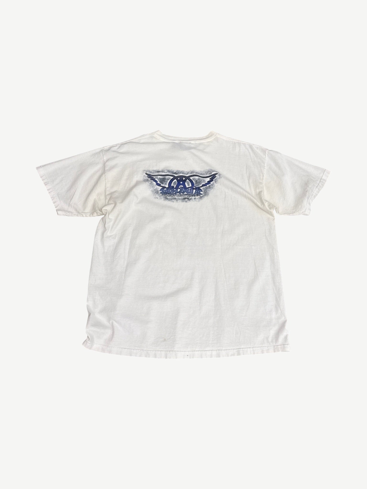 Vintage Aerosmith white tee back showing faded blue winged Aerosmith logo print on softly worn cotton