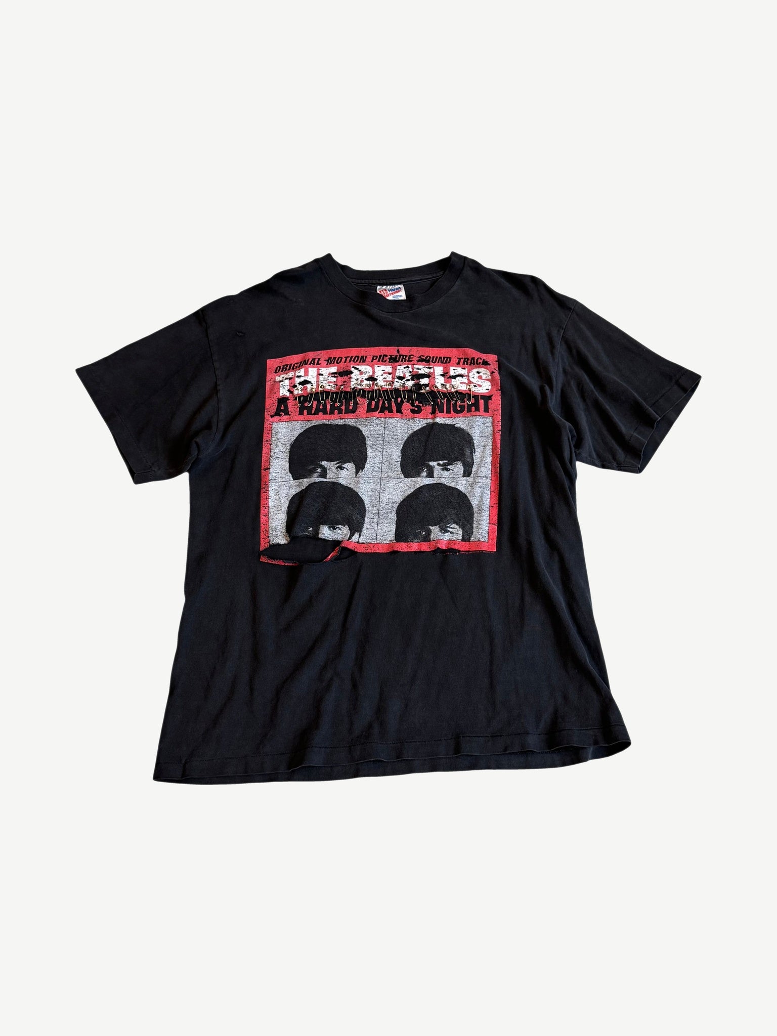 Vintage Beatles black tee with A Hard Day's Night movie soundtrack poster print in red and black
