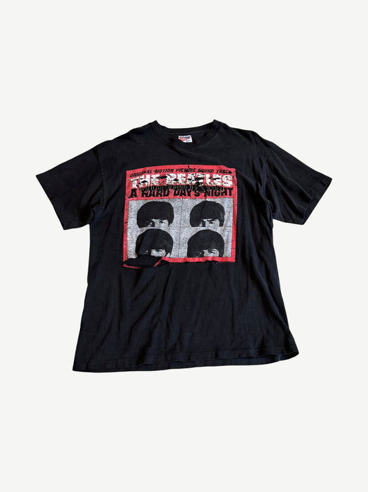 Vintage Beatles black tee with A Hard Day's Night movie soundtrack poster print in red and black