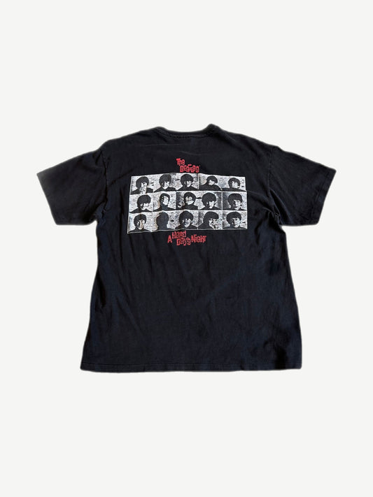 Back of vintage Beatles black tee with A Hard Day's Night film strip portrait grid graphic