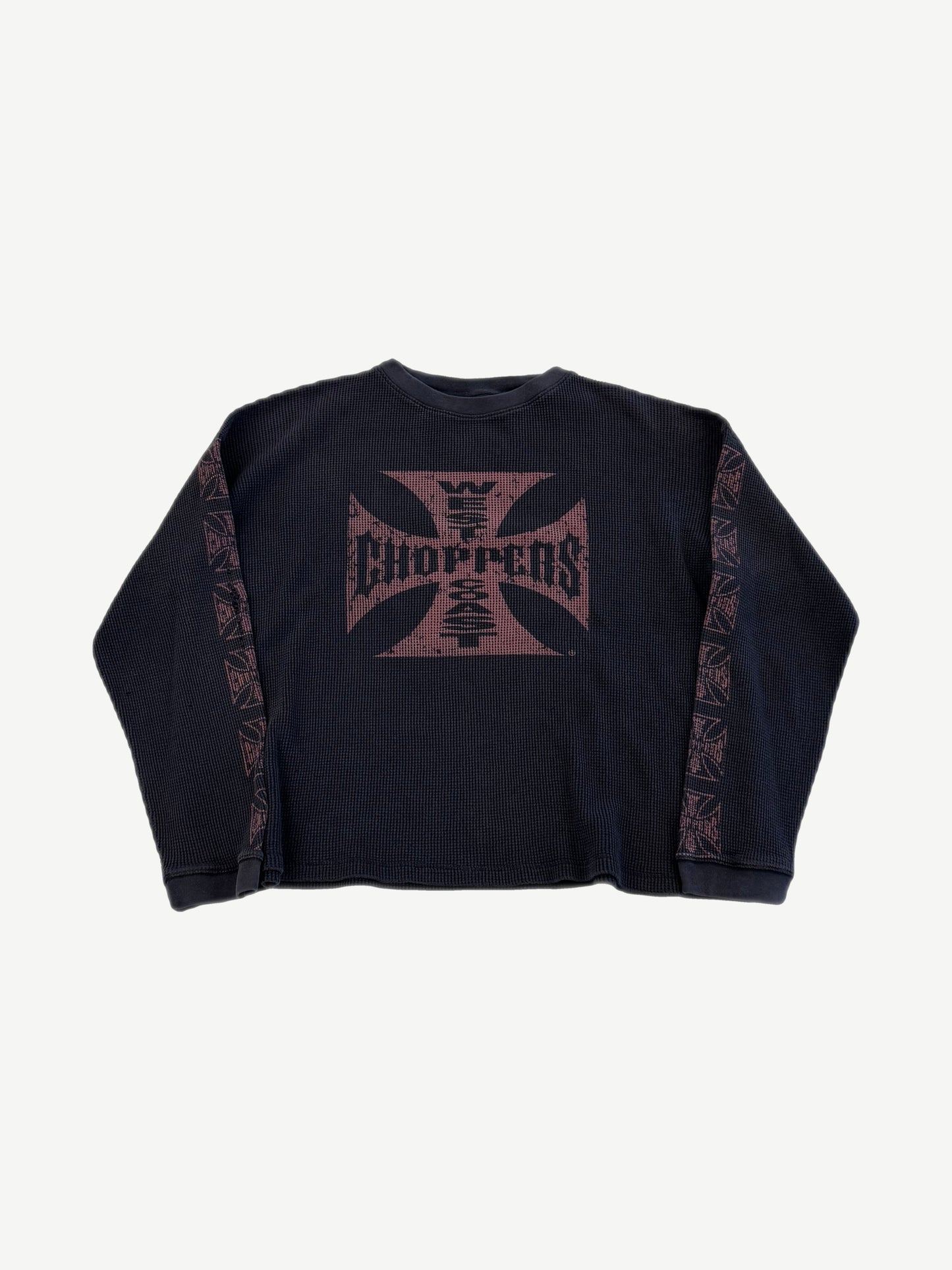 Vintage West Coast Choppers black waffle thermal longsleeve front with brown iron cross Choppers logo