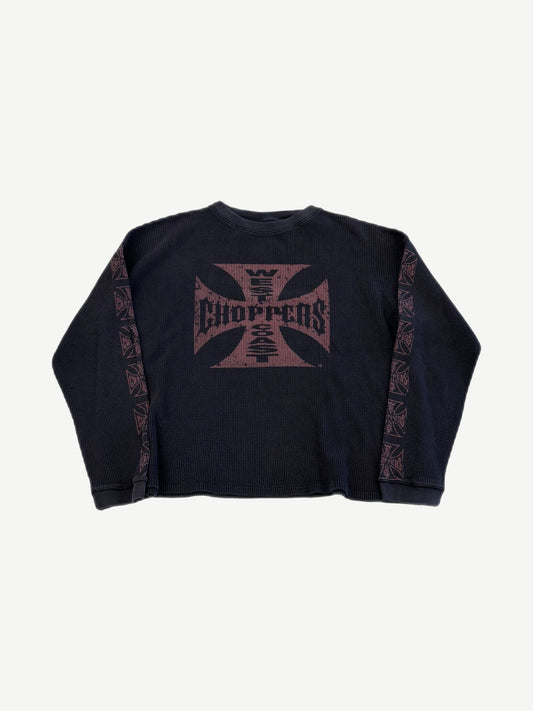 Vintage West Coast Choppers black waffle thermal longsleeve front with brown iron cross Choppers logo