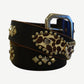 Vintage black leather belt with silver pyramid studs, rhinestones and leopard print cowhide patch accents.