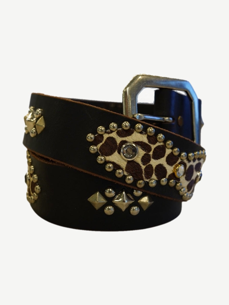 Vintage black leather belt with silver pyramid studs, rhinestones and leopard print cowhide patch accents.