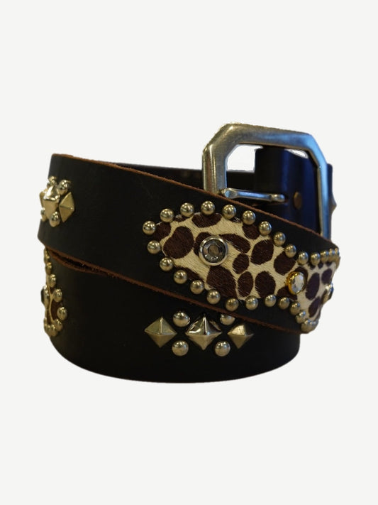 Vintage black leather belt with silver pyramid studs, rhinestones and leopard print cowhide patch accents.
