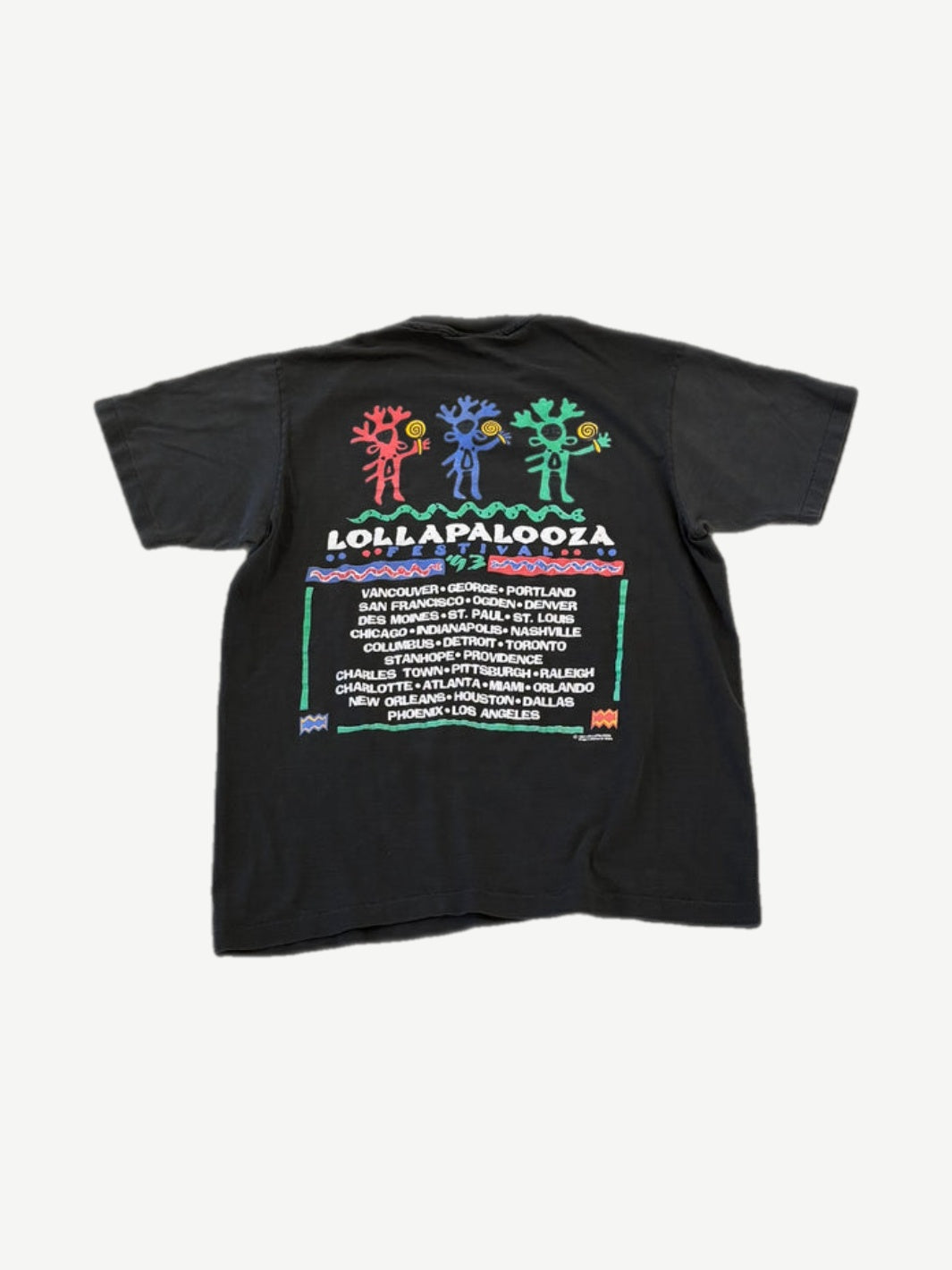 Vintage Lollapalooza 1993 black festival tee back with tour cities list and dancing figure print