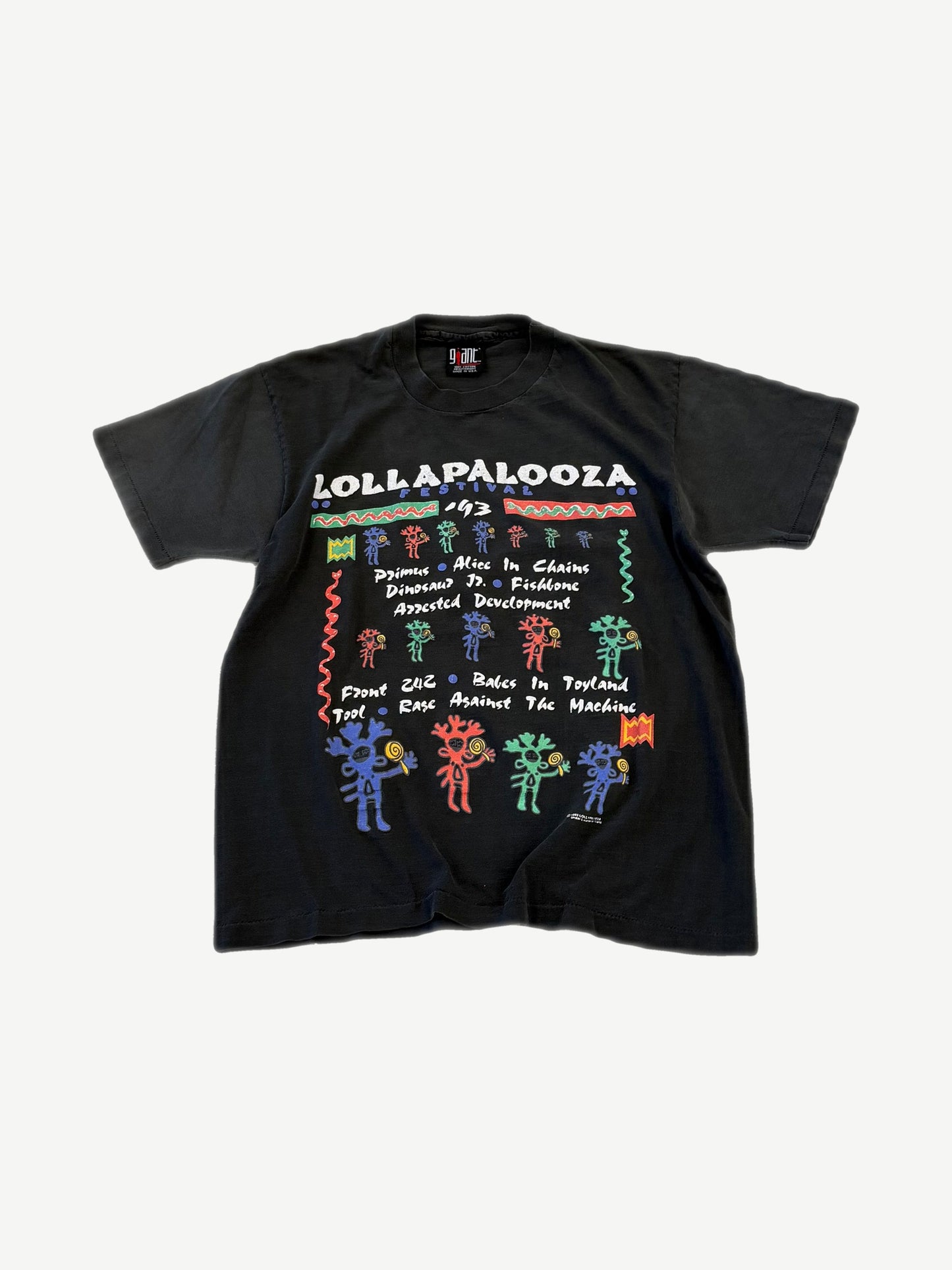 Vintage Lollapalooza 1993 black festival tee front with colorful sketch figures and band lineup